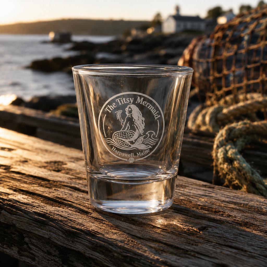 The Titsy Mermaid etched shot glass at golden hour on a lakeside dock — frosted Harpswell Maine engraving