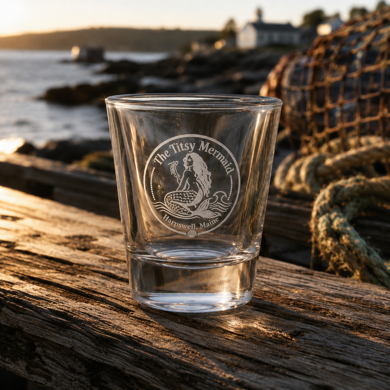 The Titsy Mermaid etched shot glass at golden hour on a lakeside dock — frosted Harpswell Maine engraving