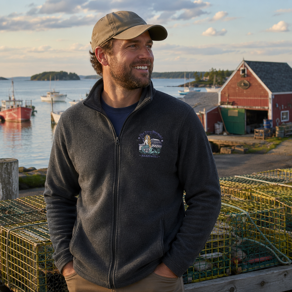 Charcoal The Titsy Mermaid embroidered fleece jacket worn near a Maine harbor at sunset