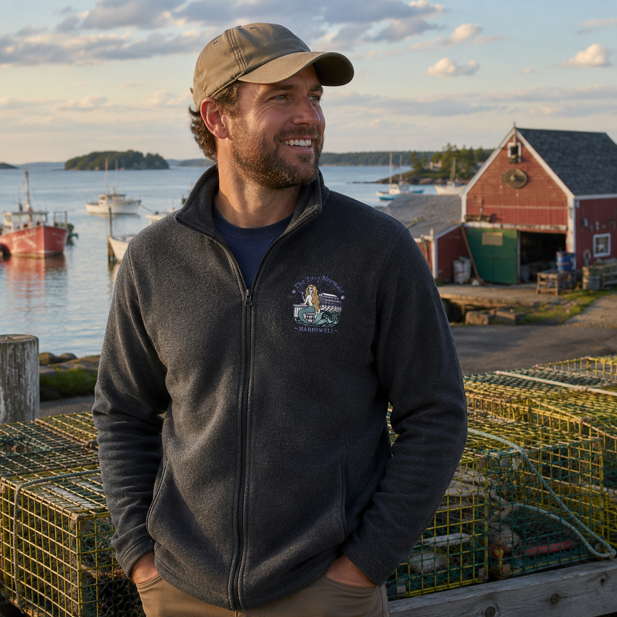 Charcoal The Titsy Mermaid embroidered fleece jacket worn near a Maine harbor at sunset