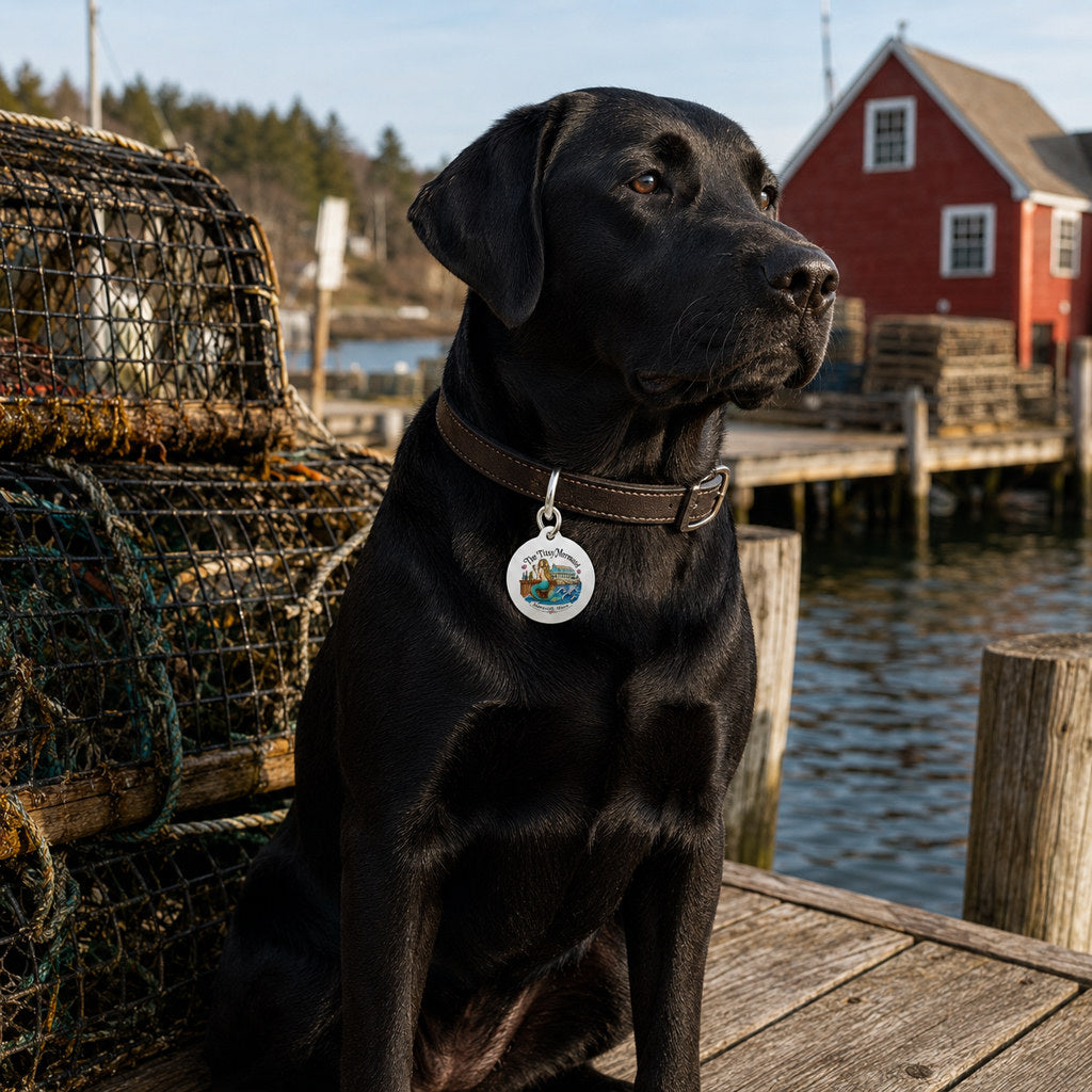 Black Labrador wearing The Titsy Mermaid Harbor Legend Pet Tag on a Maine harbor dock