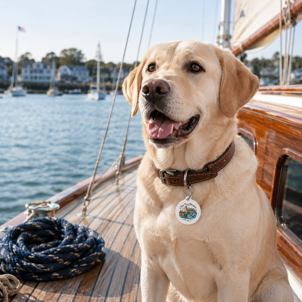 Yellow Labrador wearing The Titsy Mermaid Harbor Legend Pet Tag on a sailboat in a harbor