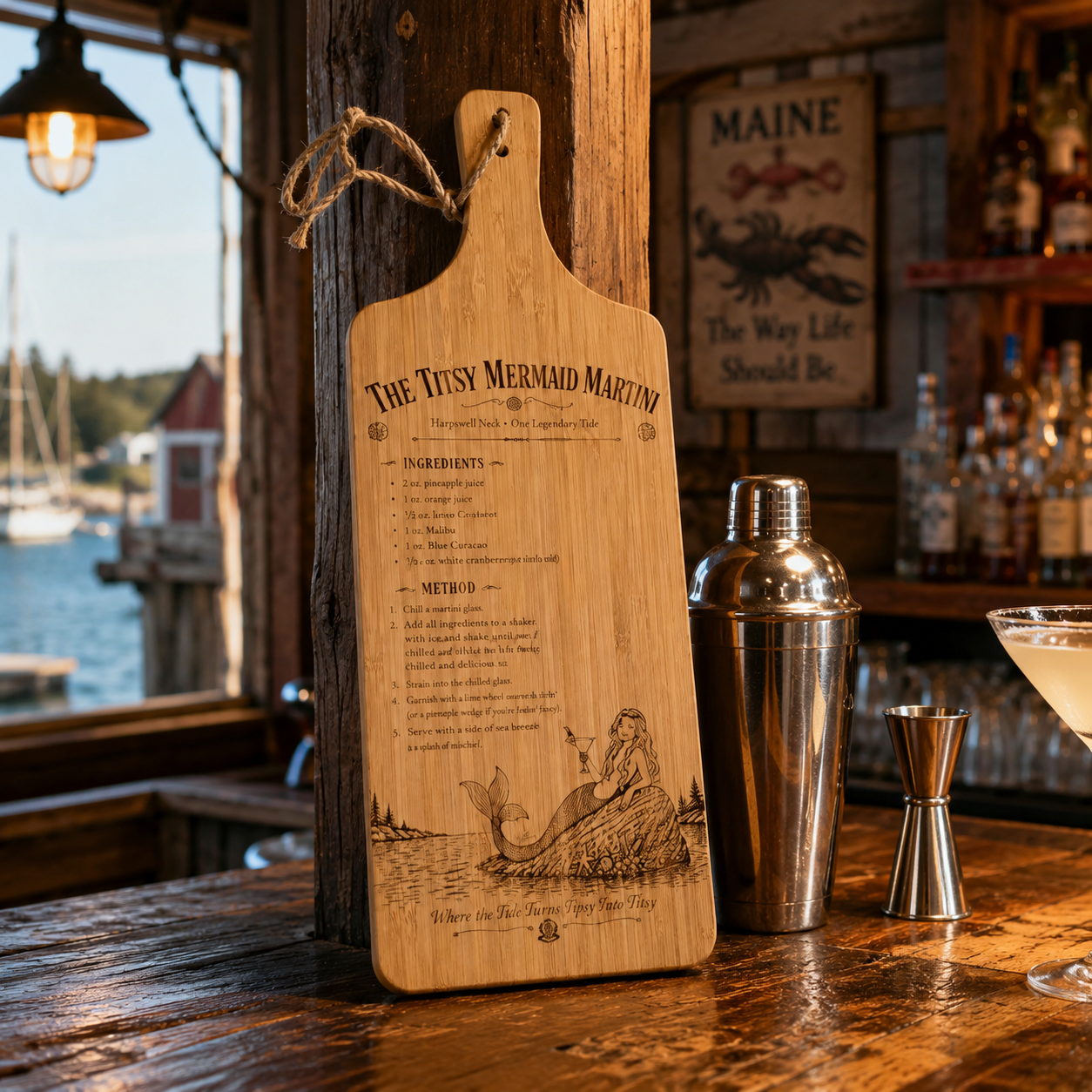 The Titsy Mermaid Martini Recipe Bamboo Board displayed in a warm rustic bar setting