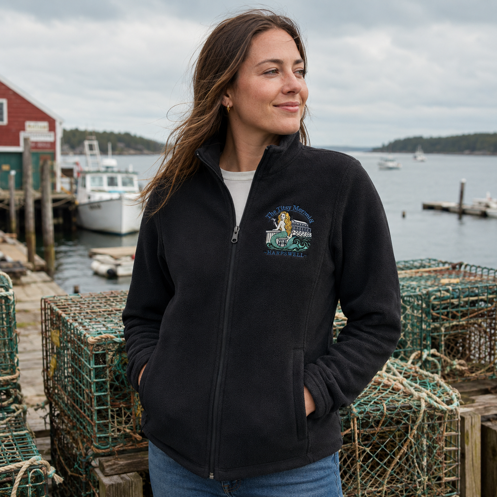 Black The Titsy Mermaid embroidered fleece jacket worn near lobster traps and harbor water