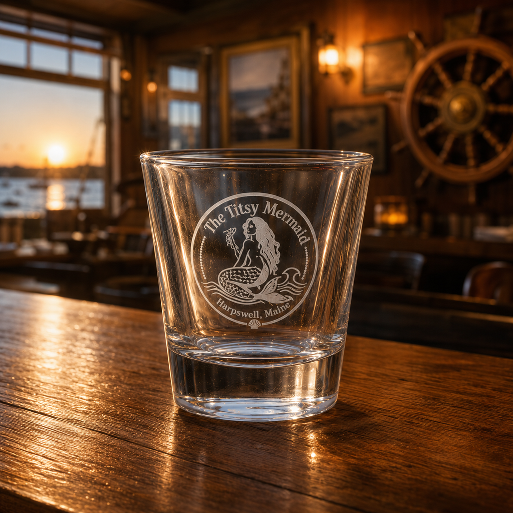 The Titsy Mermaid etched shot glass on a nautical bar at golden hour — frosted Harpswell Maine legend engraving