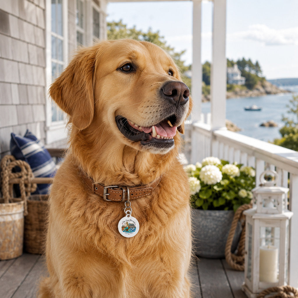 Golden retriever wearing The Titsy Mermaid Harbor Legend Pet Tag on a sunny coastal porch