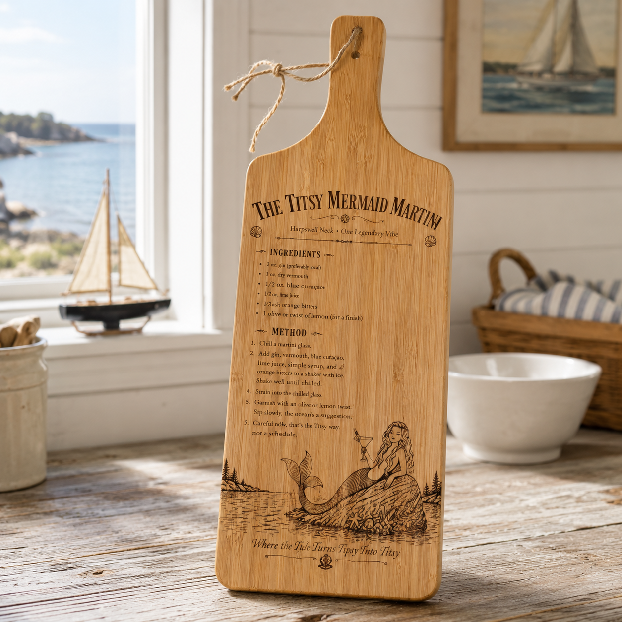 The Titsy Mermaid Martini Recipe Bamboo Board standing upright in a bright coastal kitchen near a window