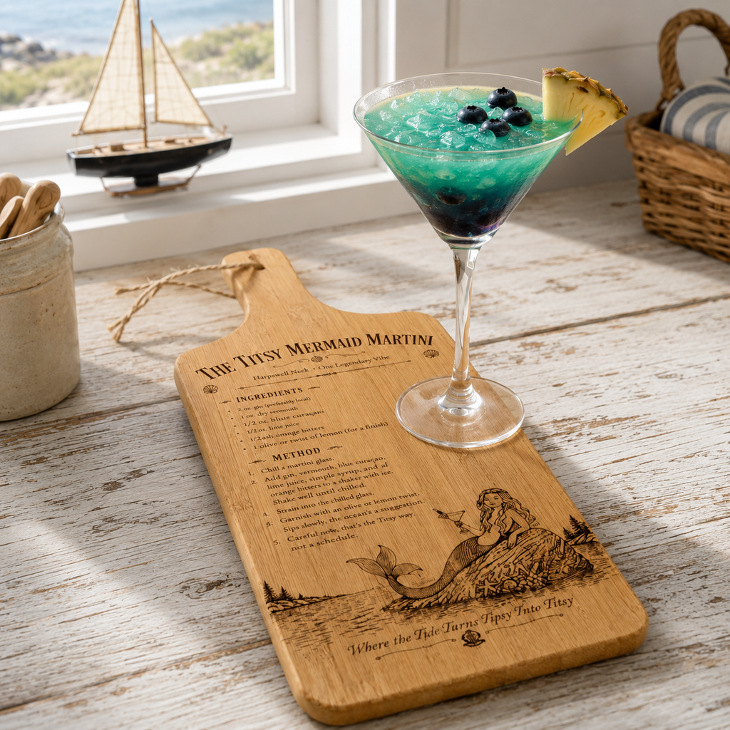 The Titsy Mermaid Martini Recipe Bamboo Board displayed flat on a coastal kitchen table with a blue martini