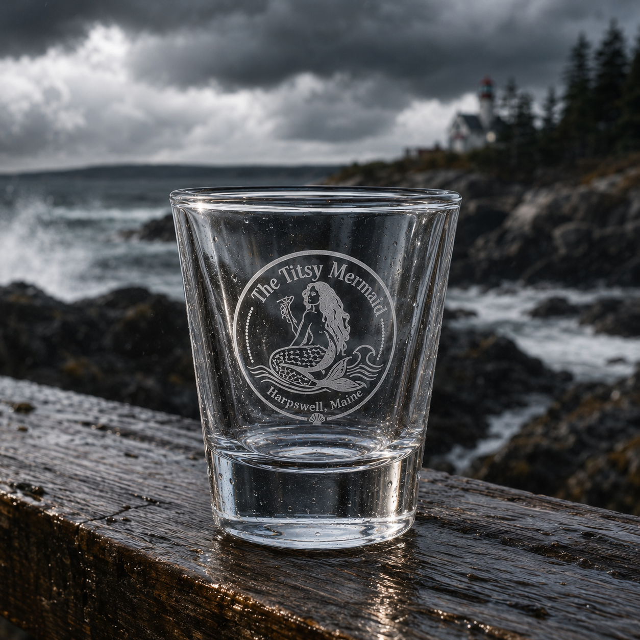 The Titsy Mermaid etched shot glass by the sea with lighthouse and stormy Maine coast — frosted Harpswell Maine engraving