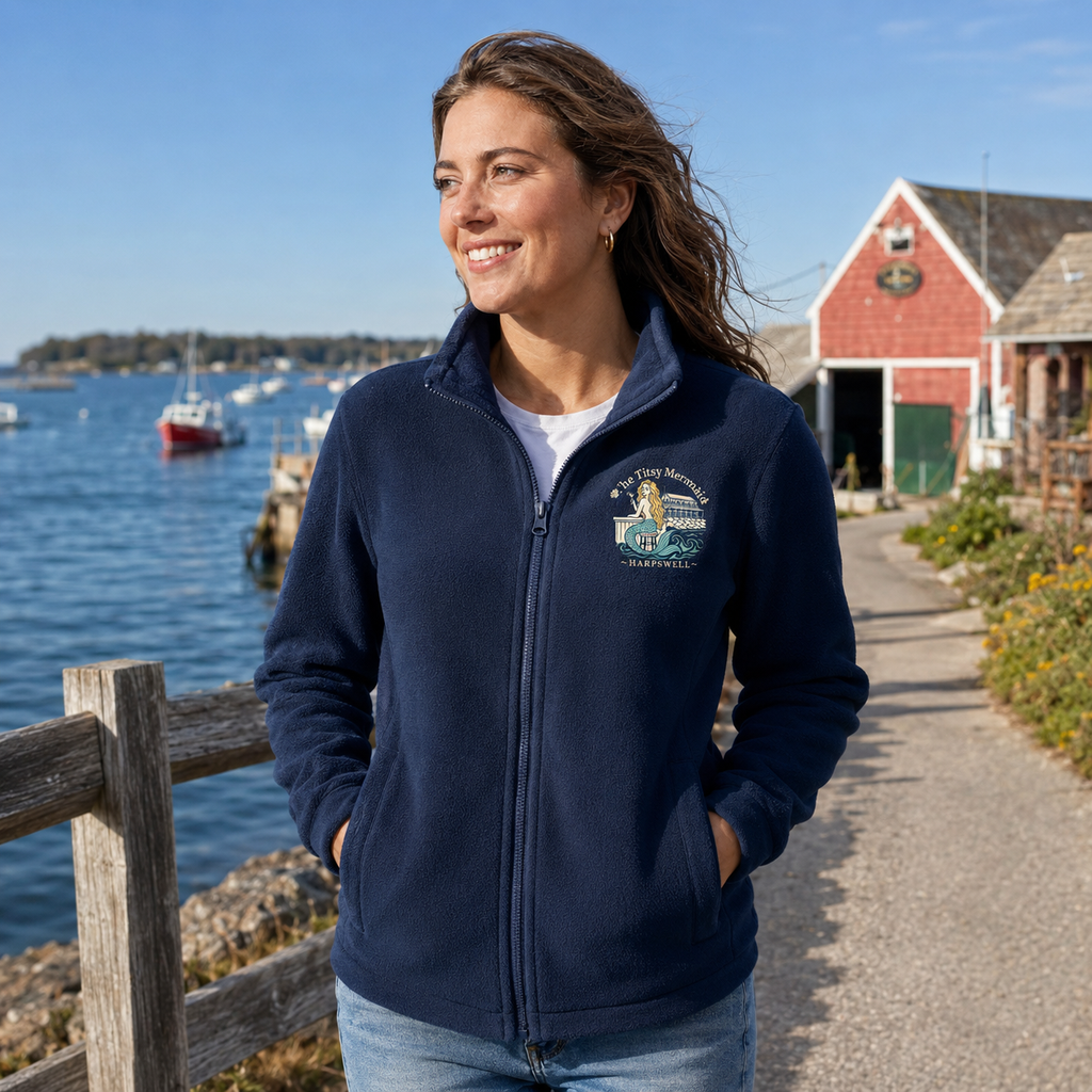 Navy The Titsy Mermaid embroidered fleece jacket worn on a coastal harbor path