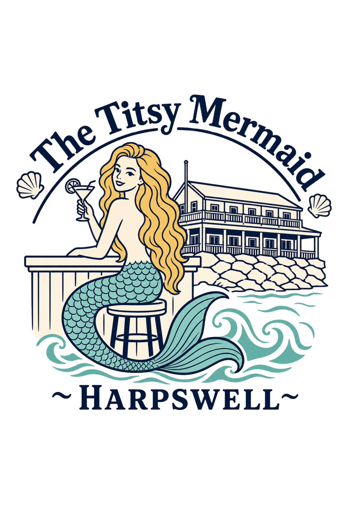 The Titsy Mermaid car air freshener artwork — colored waterfront building, mermaid, martini, and Harpswell legend mark