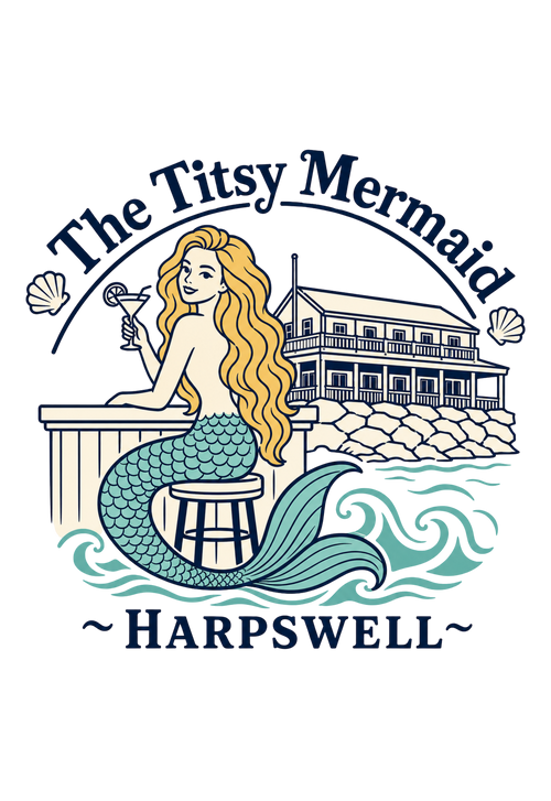The Titsy Mermaid car air freshener artwork — colored waterfront building, mermaid, martini, and Harpswell legend mark