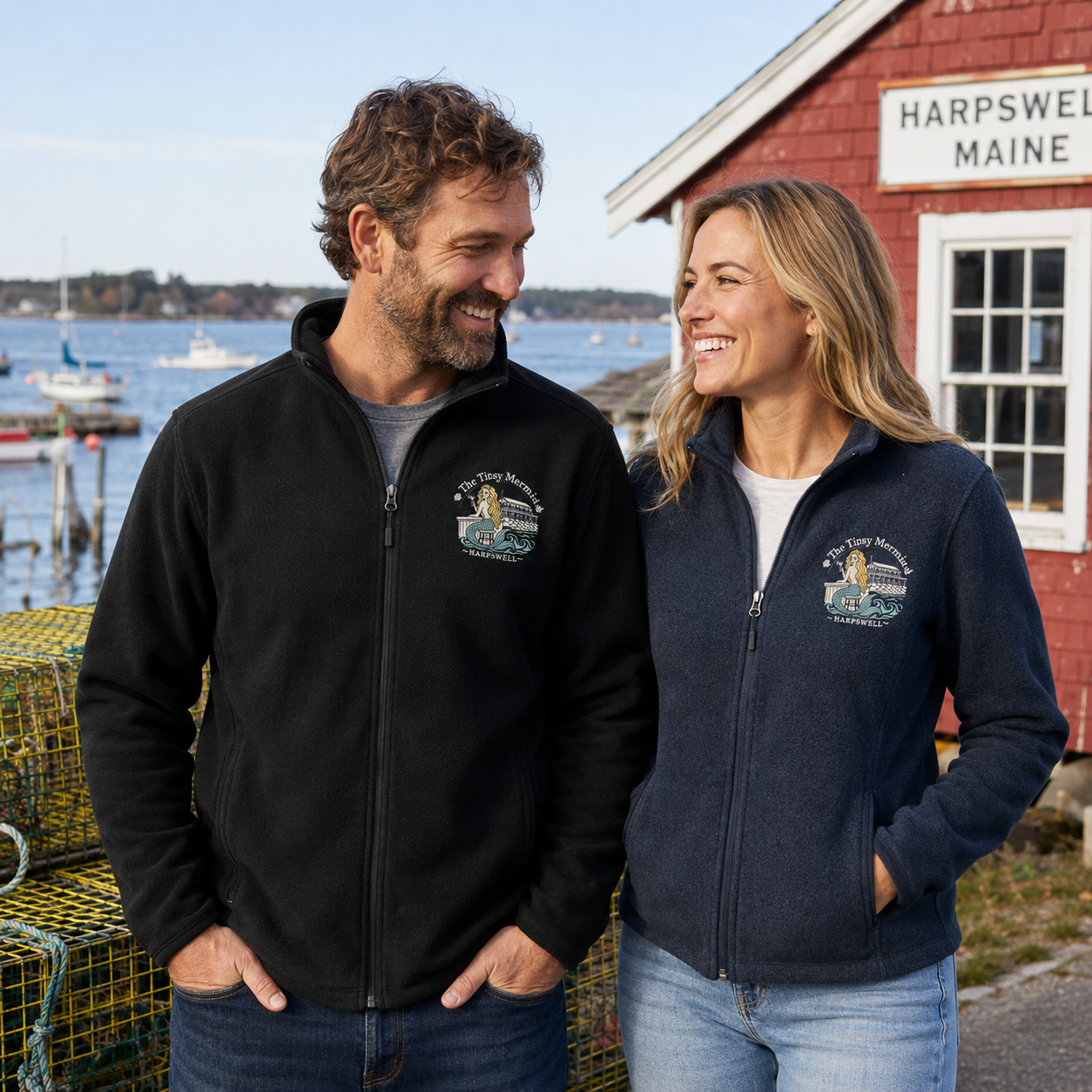 The Titsy Mermaid embroidered Columbia fleece jacket in black and navy by a Maine coastal harbor
