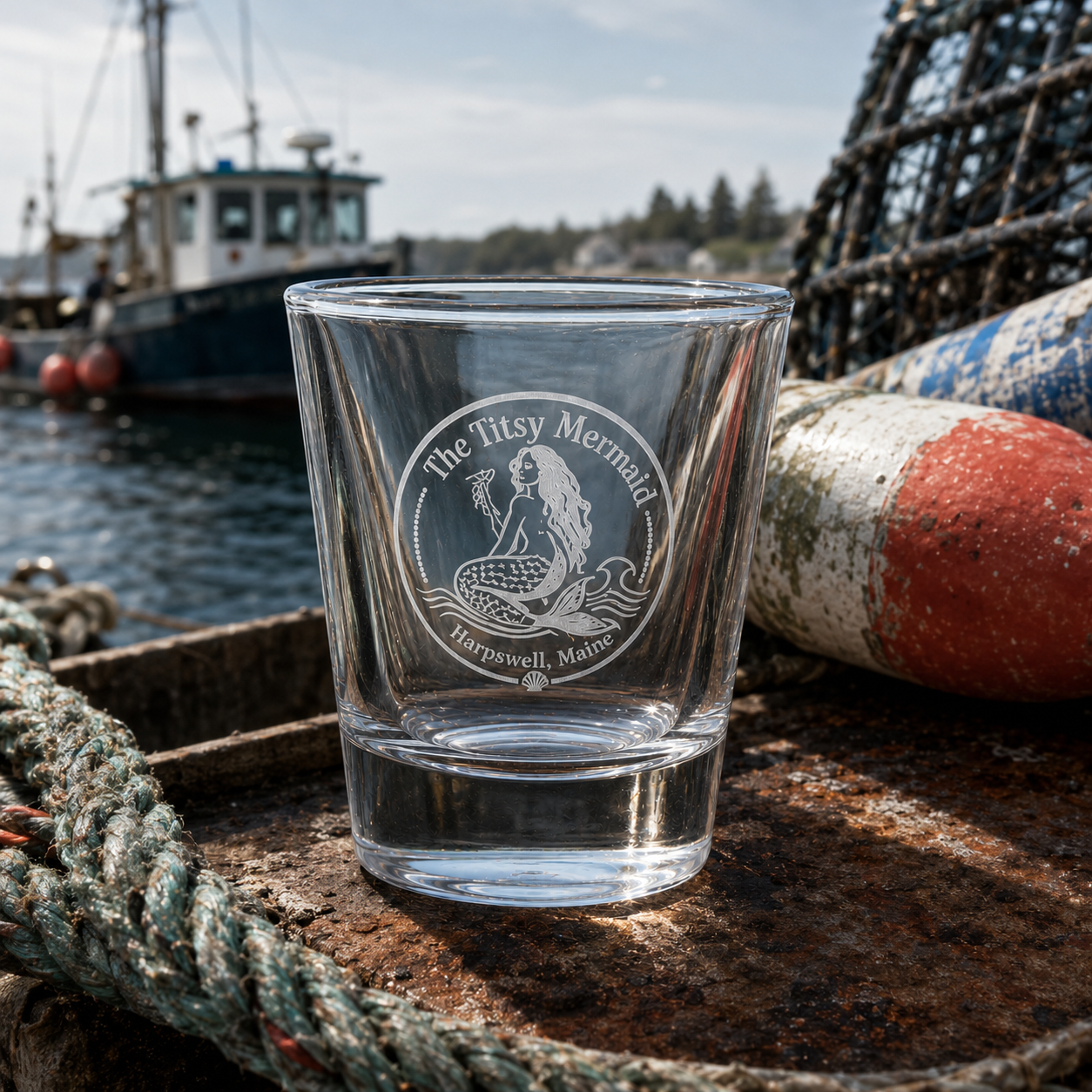 The Titsy Mermaid etched shot glass on a coastal harbor dock with lobster buoy and fishing boat — frosted Harpswell Maine engraving